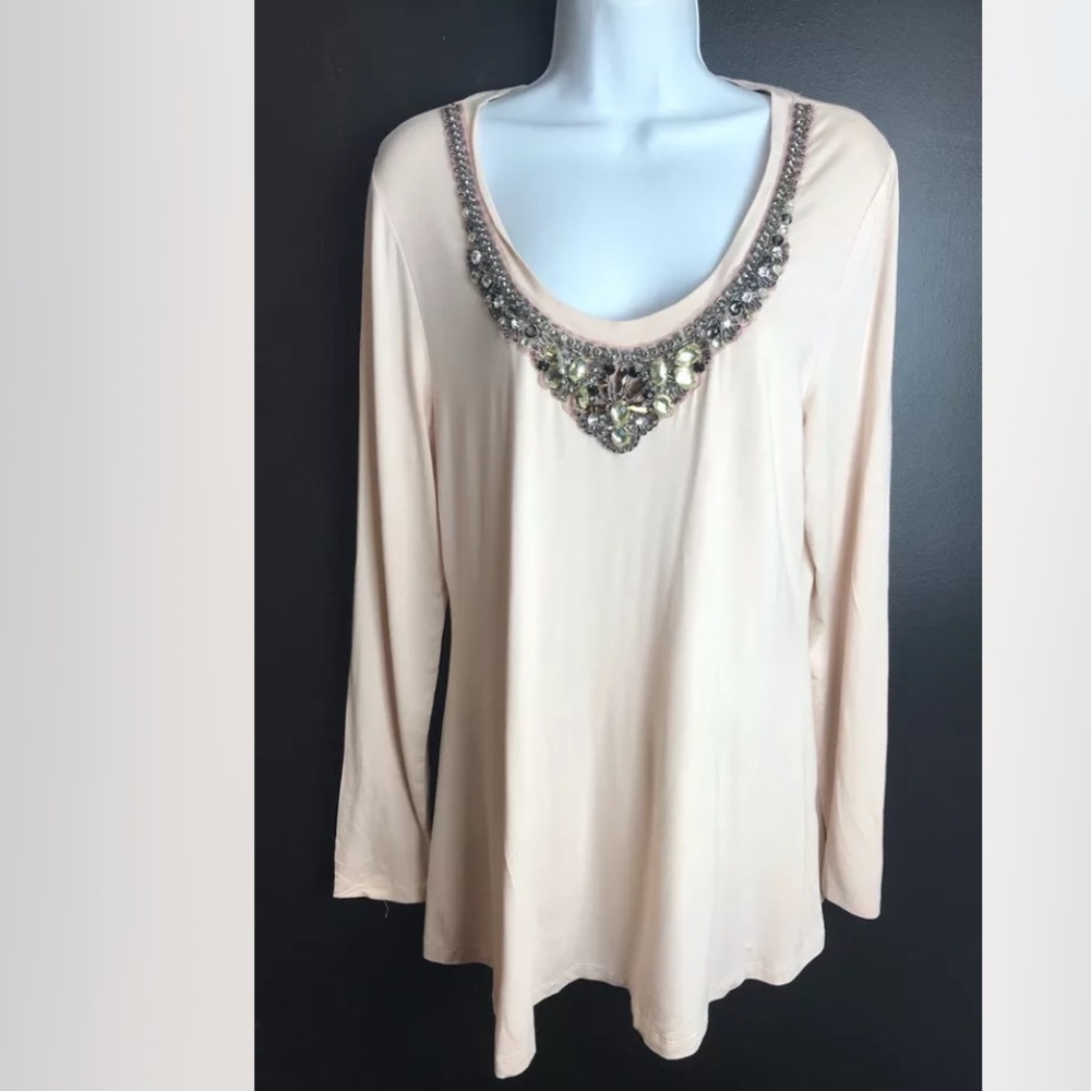 BOSTON PROPER Necklace Trapeze Top Blush Pink Embellished Jewel Blouse Shirt